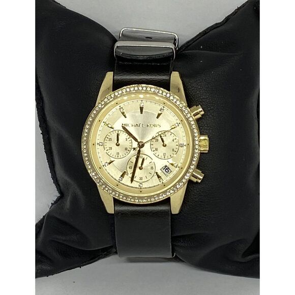 Michael Kors MK6322 Women's Black Leather Analog Gold Dial Quartz Watch XX394 - Picture 1 of 12
